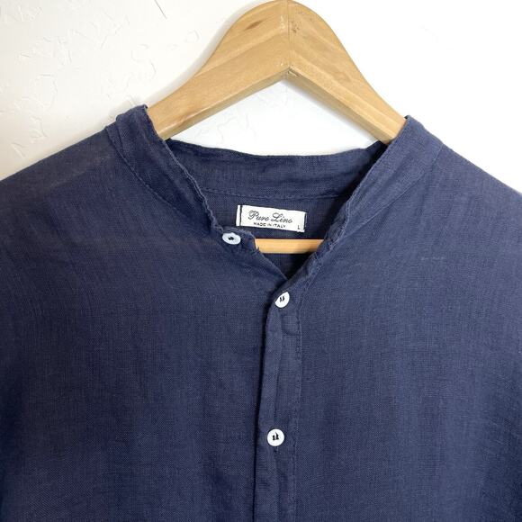 Puro Lino Italy 100% Linen Top Womens Large Navy Blue Long Sleeve Button Up - Picture 2 of 5